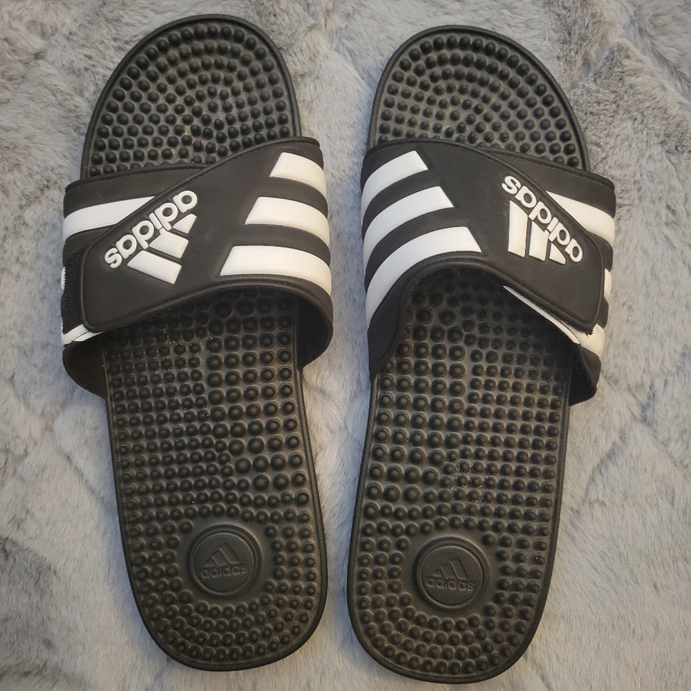New Adidas Men's Black and White Slide Sandals